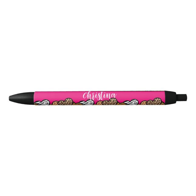 Girly Pink Playful Animal Print Herz Name Kugelschreiber (Vorderseite)