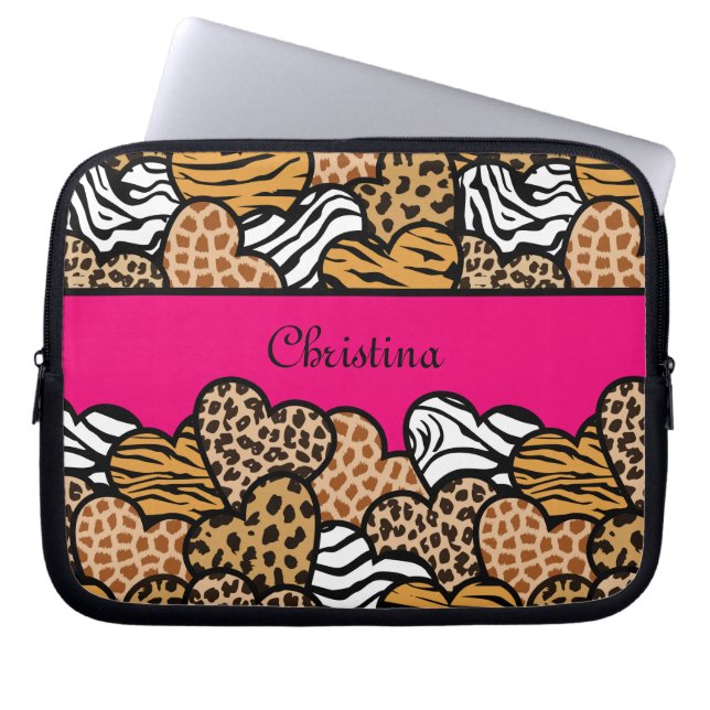 Girly Pink Playful Animal Print Herz Name Laptopschutzhülle (Vorderseite)