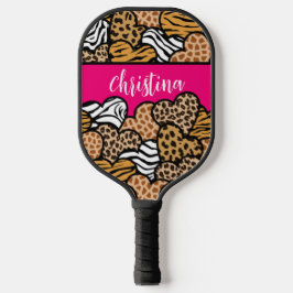 Girly Pink Playful Animal Print Herz Name Pickleball Schläger