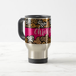 Girly Pink Playful Animal Print Herz Name Reisebecher