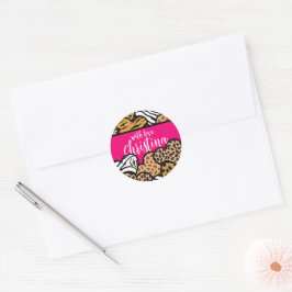 Girly Pink Playful Animal Print Herz Name Runder Aufkleber
