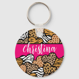 Girly Pink Playful Animal Print Herz Name Schlüsselanhänger
