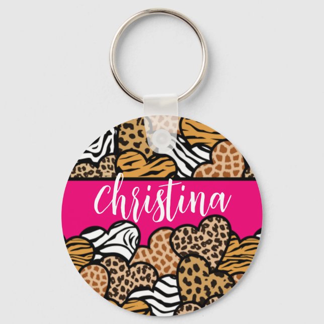 Girly Pink Playful Animal Print Herz Name Schlüsselanhänger (Vorderseite)