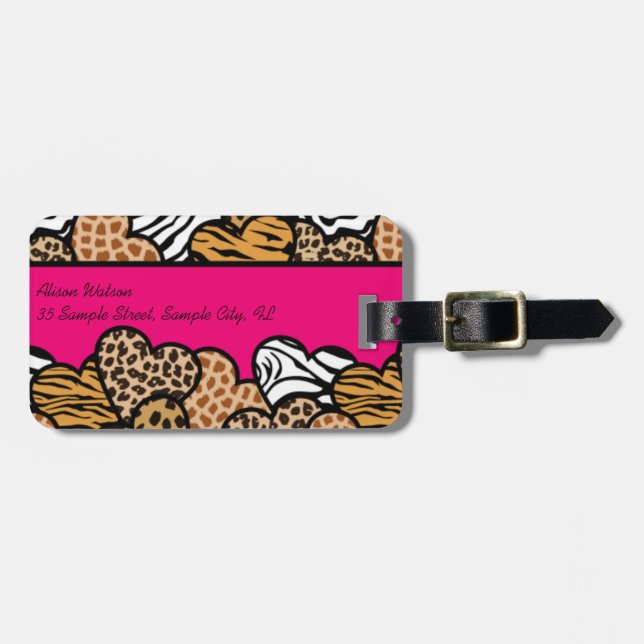 Girly Pink Playful Animal Print Höradresse Gepäckanhänger (Vorderseite horizontal)