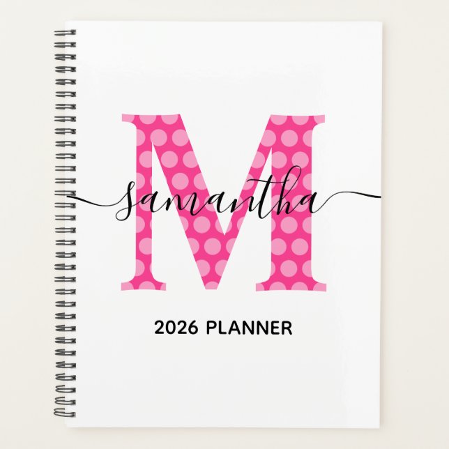 Girly Pink Polka Dot Monogram Planer (Vorderseite)