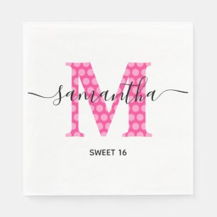 Girly Pink Polka Dotted Monogram Sweet 16 Serviette