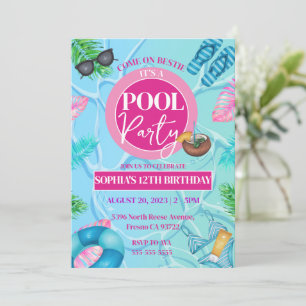 Girly Pink Pool Party Tropical Birthday Girl Einladung