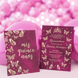 Girly Pink Quinceañera Tiara Butterfly Mis Quince Einladung