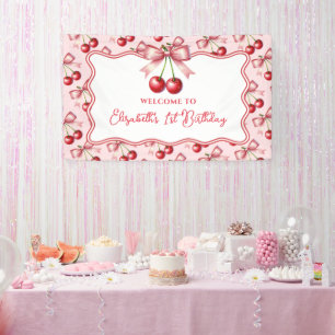 Girly Pink Red Coquette Cherry Erster Geburtstag Banner