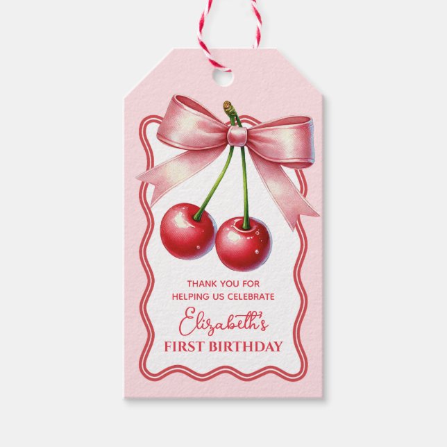 Girly Pink Red Coquette Cherry Erster Geburtstag Geschenkanhänger (Vorderseite)