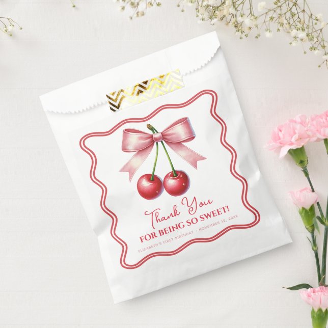 Girly Pink Red Coquette Cherry Erster Geburtstag Geschenktütchen (Versiegelt)