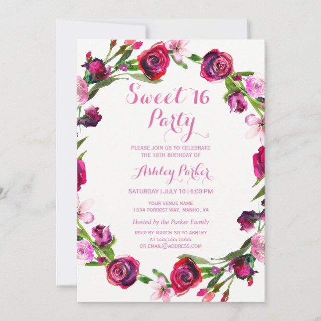 Girly Pink Rose Blume Sweet 16 Party Einladung (Vorderseite)