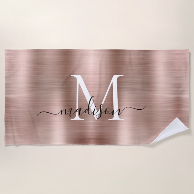Girly Pink Rose Gold Brushed Metal Script Monogram Strandtuch (Vorderseite)