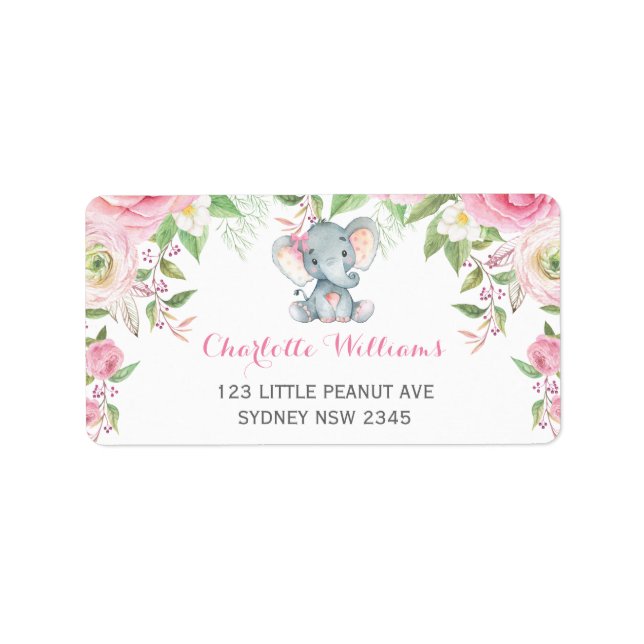 Girly Pink Roses Elephant Rücksendeadresse Adressaufkleber (Vorne)