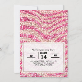Girly Pink Schimmer Zebra-Muster Einladung