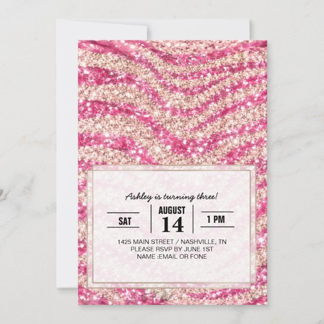 Girly Pink Schimmer Zebra-Muster Einladung (Vorderseite)