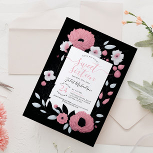 Girly Pink Schwarz-weiß Ranunculus Floral Sweet 16 Einladung