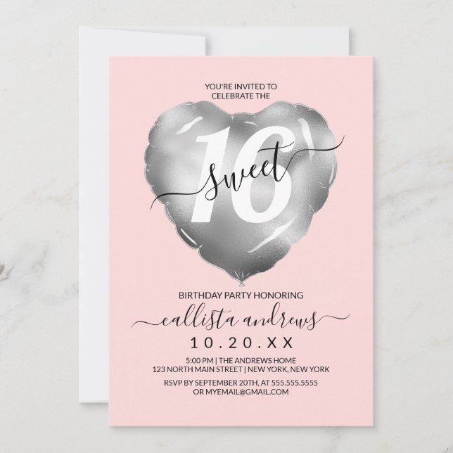 Girly Pink Silver Foil Herzballon Sweet 16 Einladung (Vorderseite)