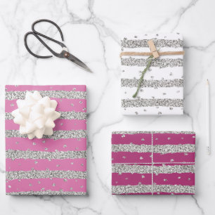 Girly Pink Silver Funkelnd Confetti Streifen Geschenkpapier Set