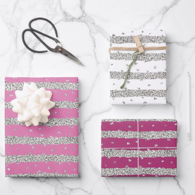 Girly Pink Silver Funkelnd Confetti Streifen Geschenkpapier Set (Vorderseite)