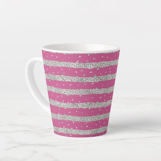Girly Pink Silver Funkelnd Confetti Streifen Milchtasse (Linke Ecke)