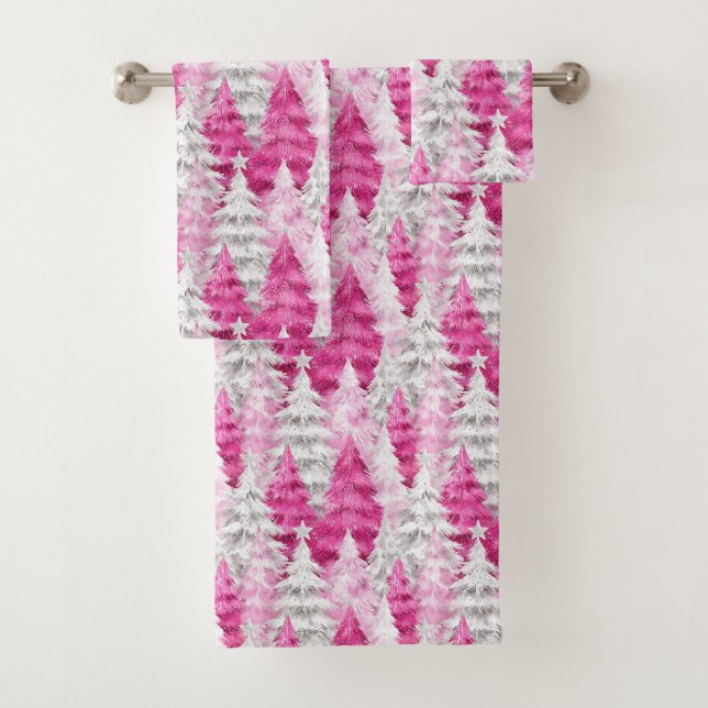 Girly Pink Silver Glam Christmas Trees Stripes Badhandtuch Set (Insitu)