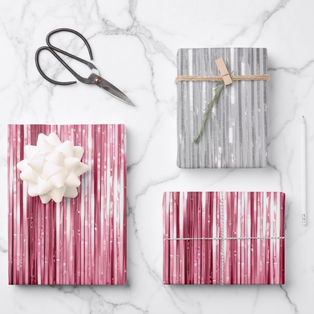 Girly Pink Silver Glam Tinsel Streifen Geschenkpapier Set (Vorderseite)