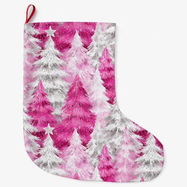 Girly Pink Silver Glam Weihnachtsbaumen Großer Weihnachtsstrumpf (Vorderseite)