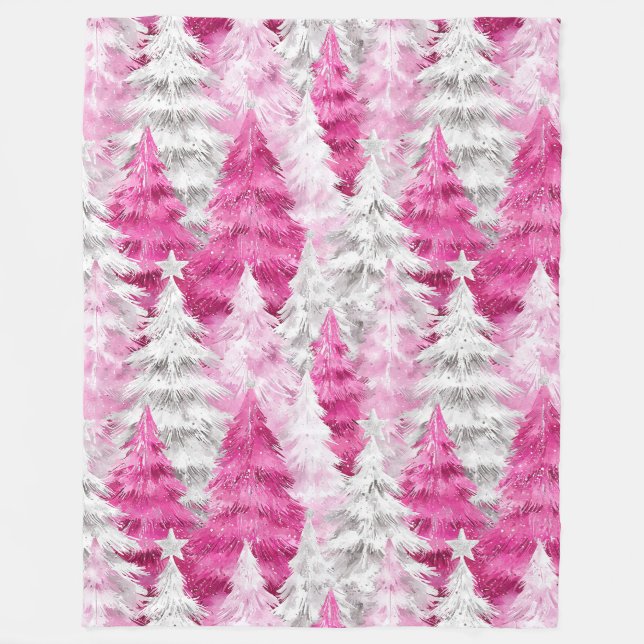 Girly Pink Silver Glam Weihnachtsbaumen Streifen Fleecedecke (Vorderseite)