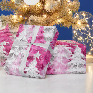 Girly Pink Silver Glam Weihnachtsbaumen Streifen Geschenkpapier