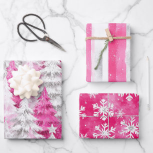 Girly Pink Silver Glam Weihnachtsbaumen Streifen Geschenkpapier Set