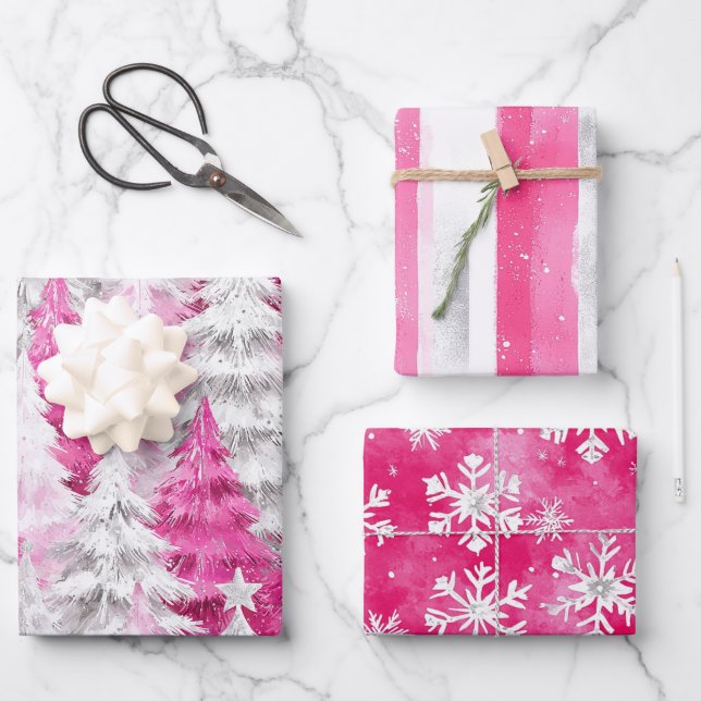 Girly Pink Silver Glam Weihnachtsbaumen Streifen Geschenkpapier Set (Vorderseite)