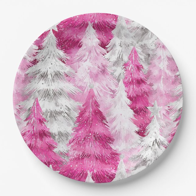 Girly Pink Silver Glam Weihnachtsbaumen Streifen Pappteller (Vorderseite)