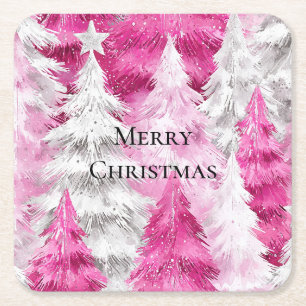Girly Pink Silver Glam Weihnachtsbaumen Streifen Rechteckiger Pappuntersetzer