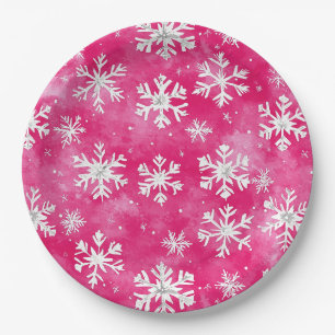 Girly Pink Silver Glam Weihnachtsschneeflocken Pappteller