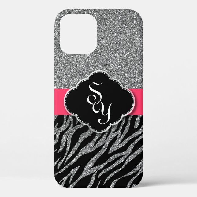 Girly Pink Silver Glitzer Zebra Pattern Initials Case-Mate iPhone Hülle (Rückseite)