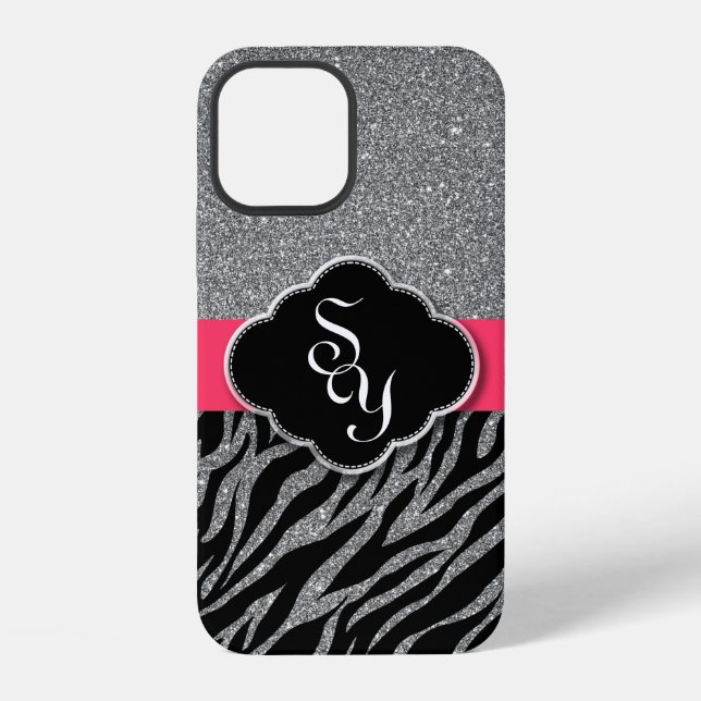 Girly Pink Silver Glitzer Zebra Pattern Initials iPhone 12 Hülle (Rückseite)