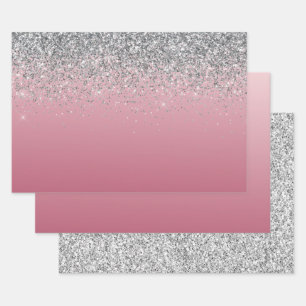 Girly Pink Silver Sparkle Glitzer     Geschenkpapier Set