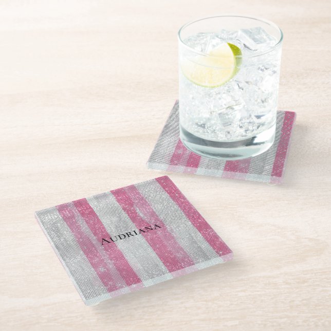 Girly Pink Silver Stripes Sparkle Christmas Glasuntersetzer (Schrägansicht)