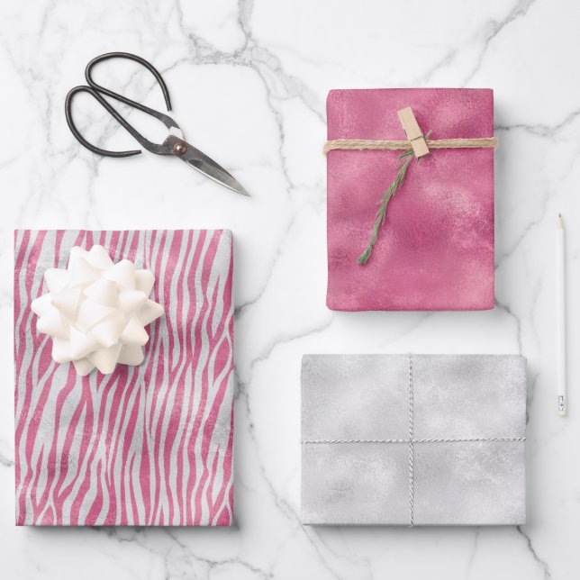 Girly Pink Silver Zebra Print Geschenkpapier Set (Vorderseite)