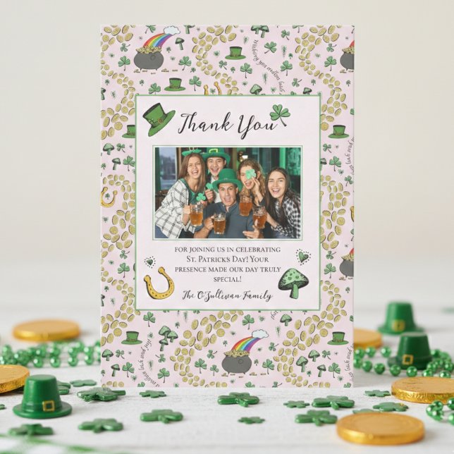 Girly Pink St Patricks Irish Dankeschön Karte (Fun St Patrick's Day Party Thank You Cards. Irish Shamrock Green Clover Horseshoe Gold Coins Rainbow)