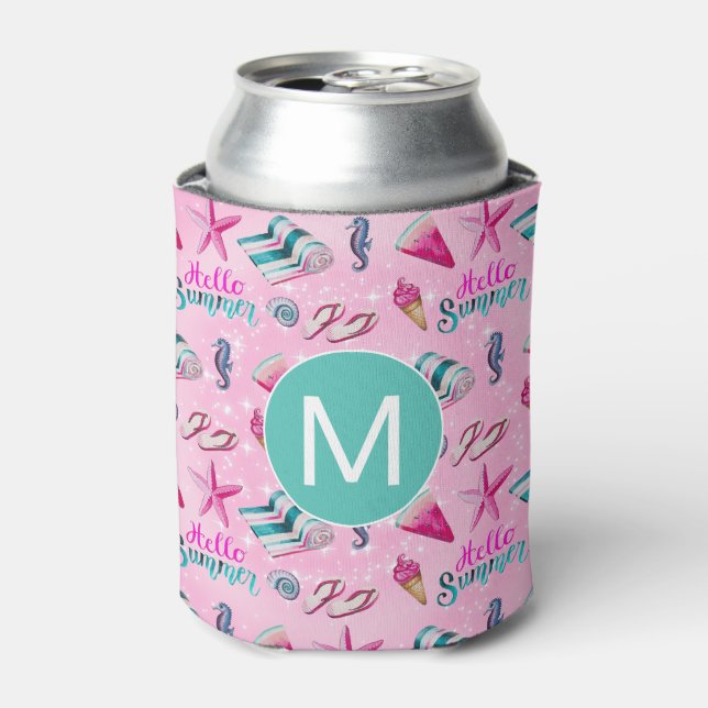 Girly Pink Summer Beach Holiday Pattern Monogram Dosenkühler (Kanne Vorderseite)