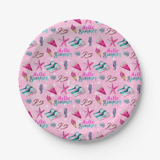 Girly Pink Summer Beach Watercolor Pattern Pappteller (Vorderseite)