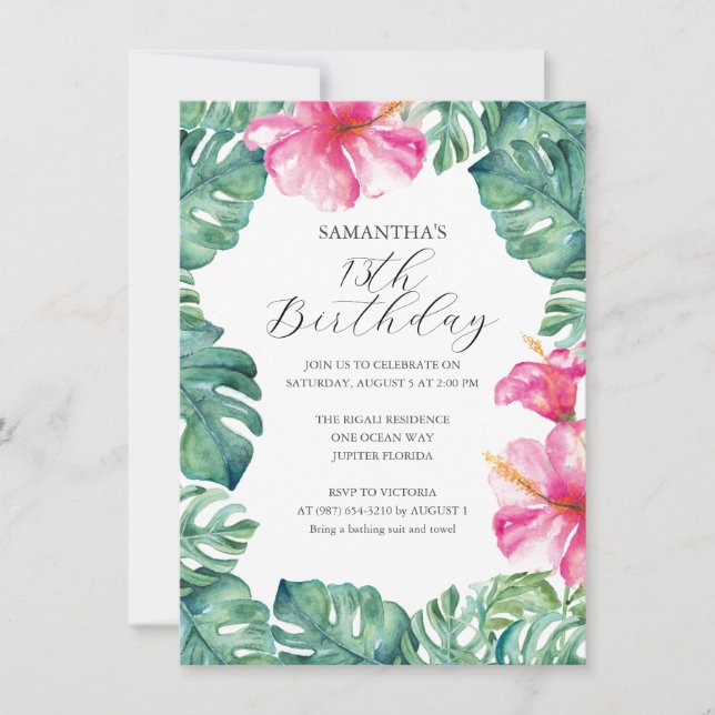 Girly Pink Tropical 13. Geburtstag Einladung (Vorderseite)