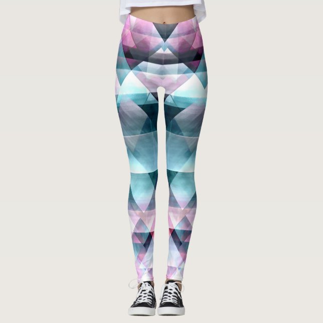 Girly Pink und Blue Abstrakt Geometric Muster Leggings (Vorderseite)