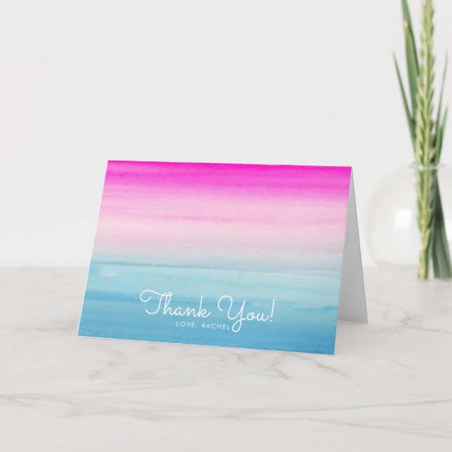 Girly Pink und Blue Ombre Wassercolor Dankeskarte (Vorderseite)