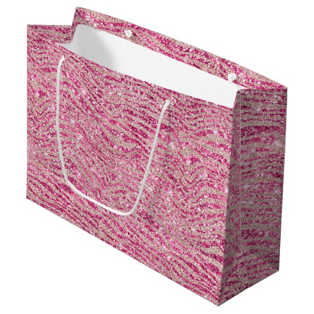 Girly Pink und Blush Glitzer Zebra Birthday Große Geschenktüte (Vorderseite Schrägansicht)