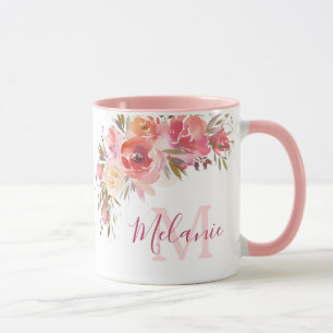 Girly Pink und Coral Rose Name Monogramm Tasse