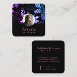 Girly Pink und Lila botanisches Script-Foto Quadratische Visitenkarte