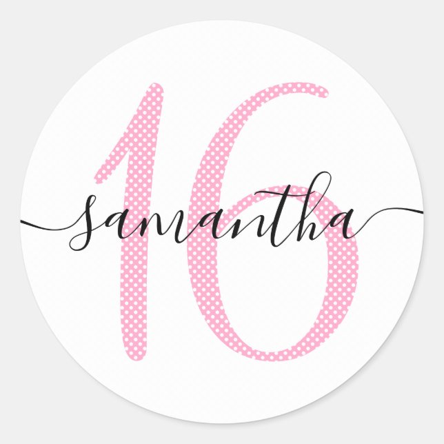 Girly Pink und White Polka Dot Personalisiert 16 Runder Aufkleber (Vorderseite)